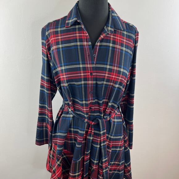 ZARA Navy Blue Red Tartan Plaid Asymmetric ButtonUp Tie Waist Midi Shirt Dress S - Picture 3 of 8